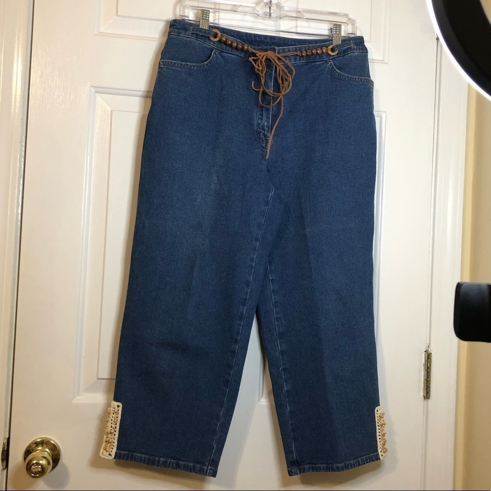 STYLE & Co Vtg Denim Capris with Leather and Wooden Beads at Waist Size 12P